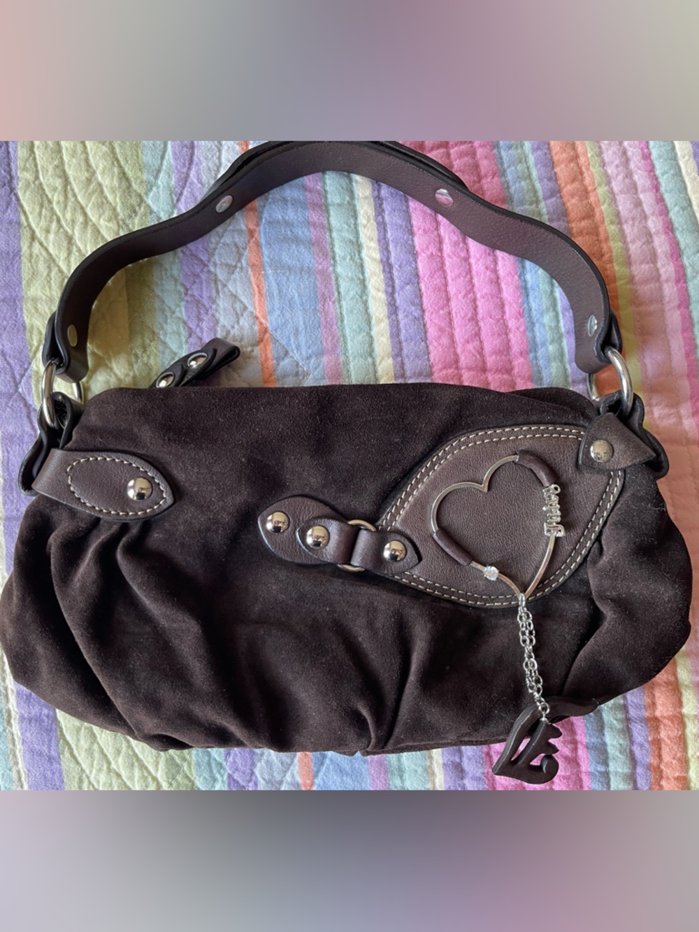 Vintage Juicy Couture Dark Brown Suede Shoulder Bag with Heart Charm